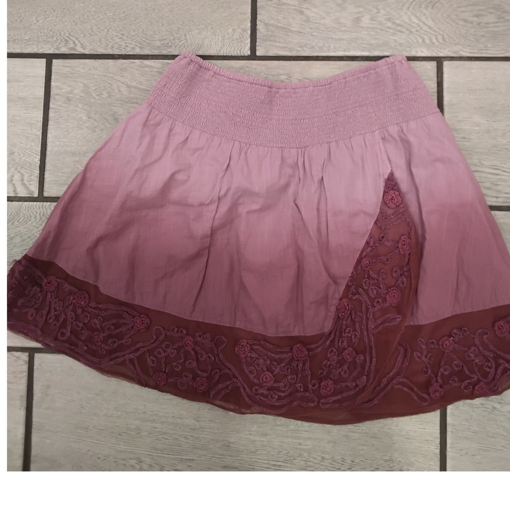 Free People Mauve Pink Smocked Mini Skirt Floral Mesh‎ Embroidery Boho Medium